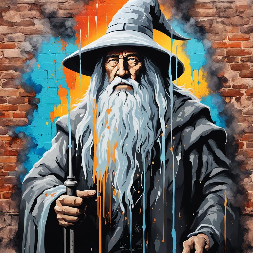 Gandalf vs Sauron Graffiti Art on Brick Wall