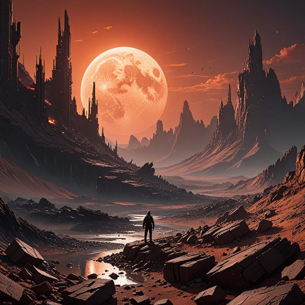 Dystopian Alien Landscape with Crumbling Steel Structures