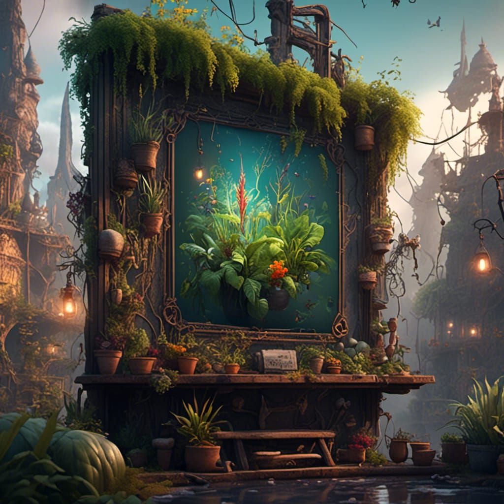 Billboard with Plant and Writing in Detailed Matte Style