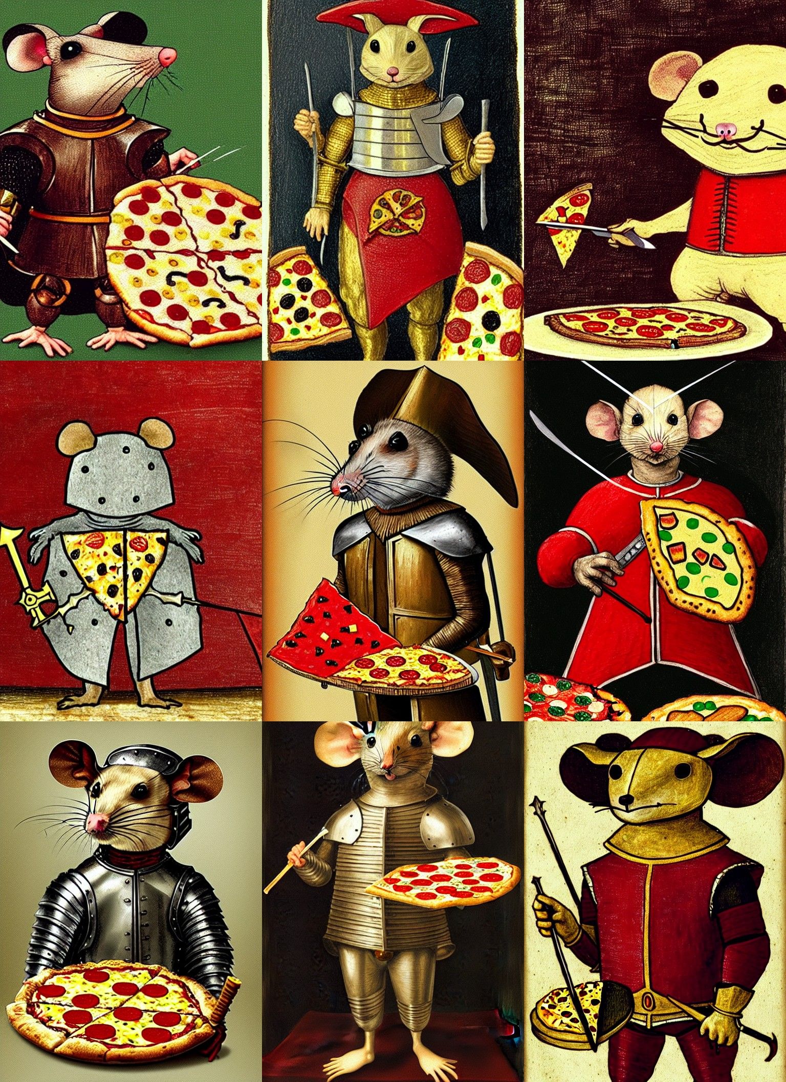 A Small Knighted Mouse in a Suit of Armor Protecting his Castle and Slice of Pizza in Style of Leonardo Davinci Painting