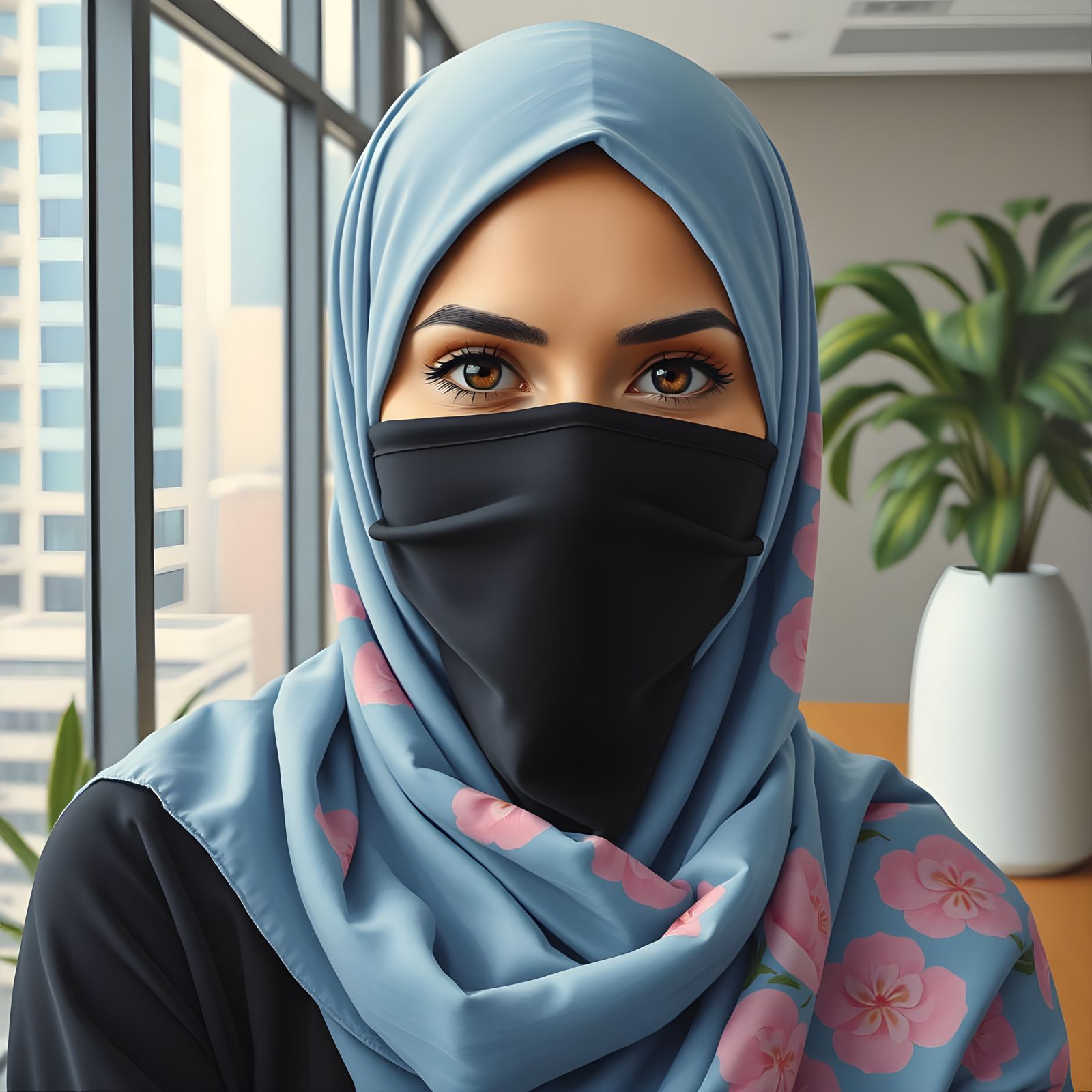 Hijabi Woman in Cozy Office: Oil Guache Painting