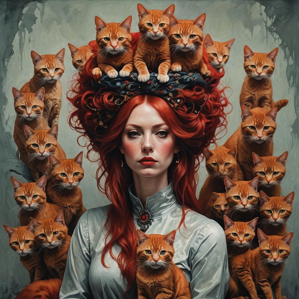 Surreal Portrait: Woman and Red Cat in Harmony