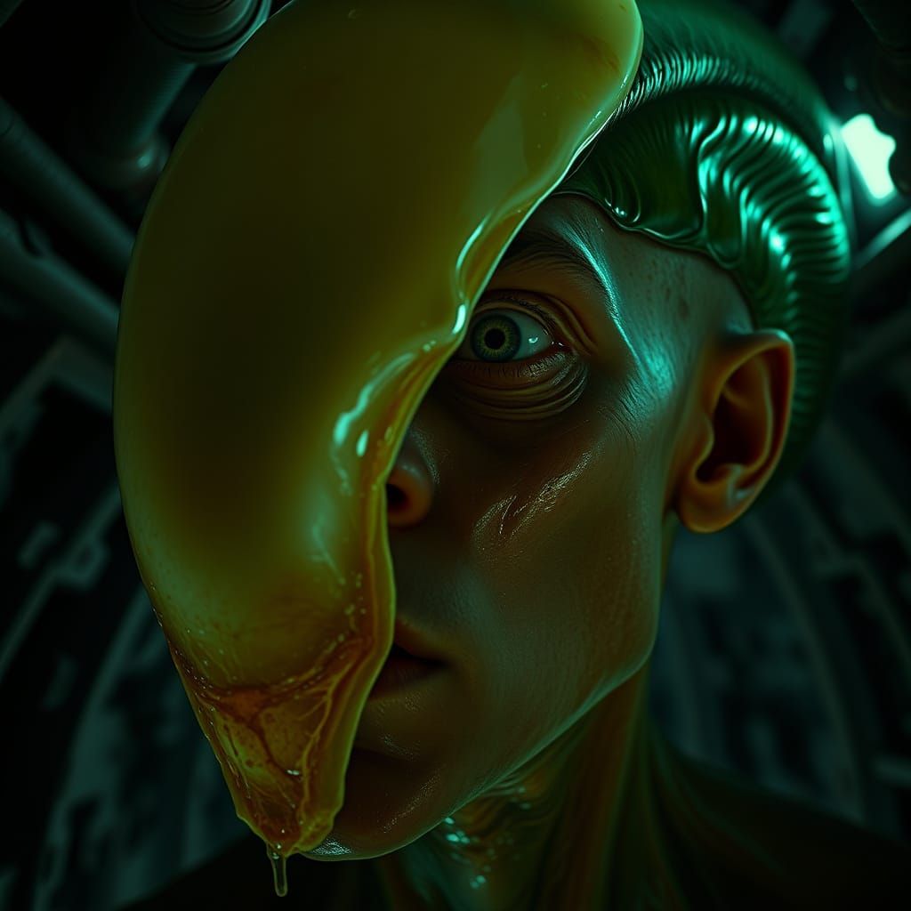 Macro Xenomorph Egg Face in Alien Hive - Hyperrealistic