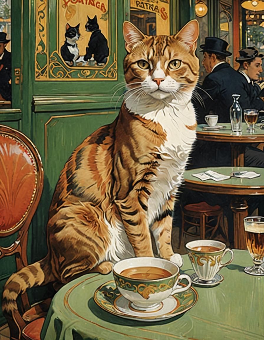 Art Nouveau Cat in Parisian Cafe, 1890 Poster