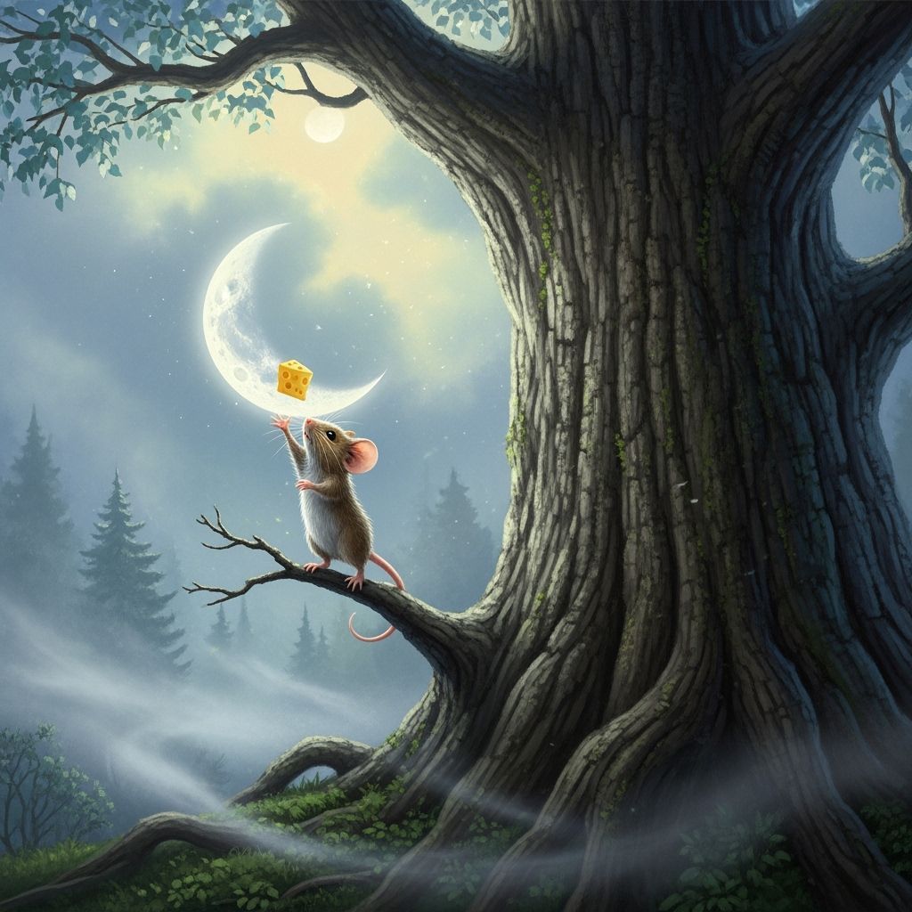 Mouse Reaches for Moon Cheese in Ethereal Mist