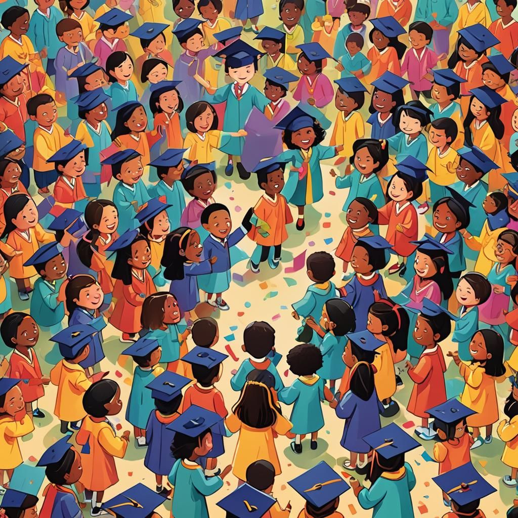 Joyful Kindergarten Graduation Cartoon Illustration