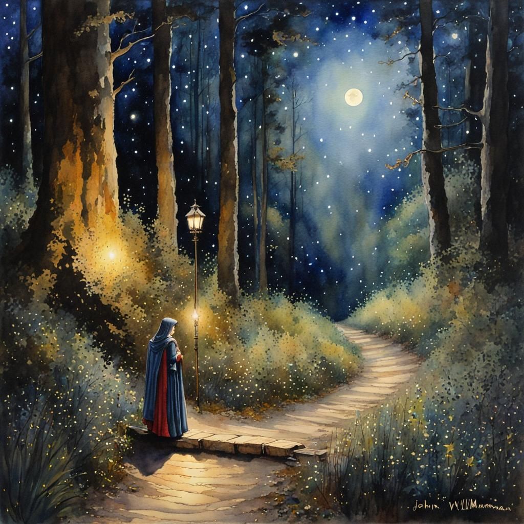Medieval Traveler in Starry Forest: Watercolor Painting