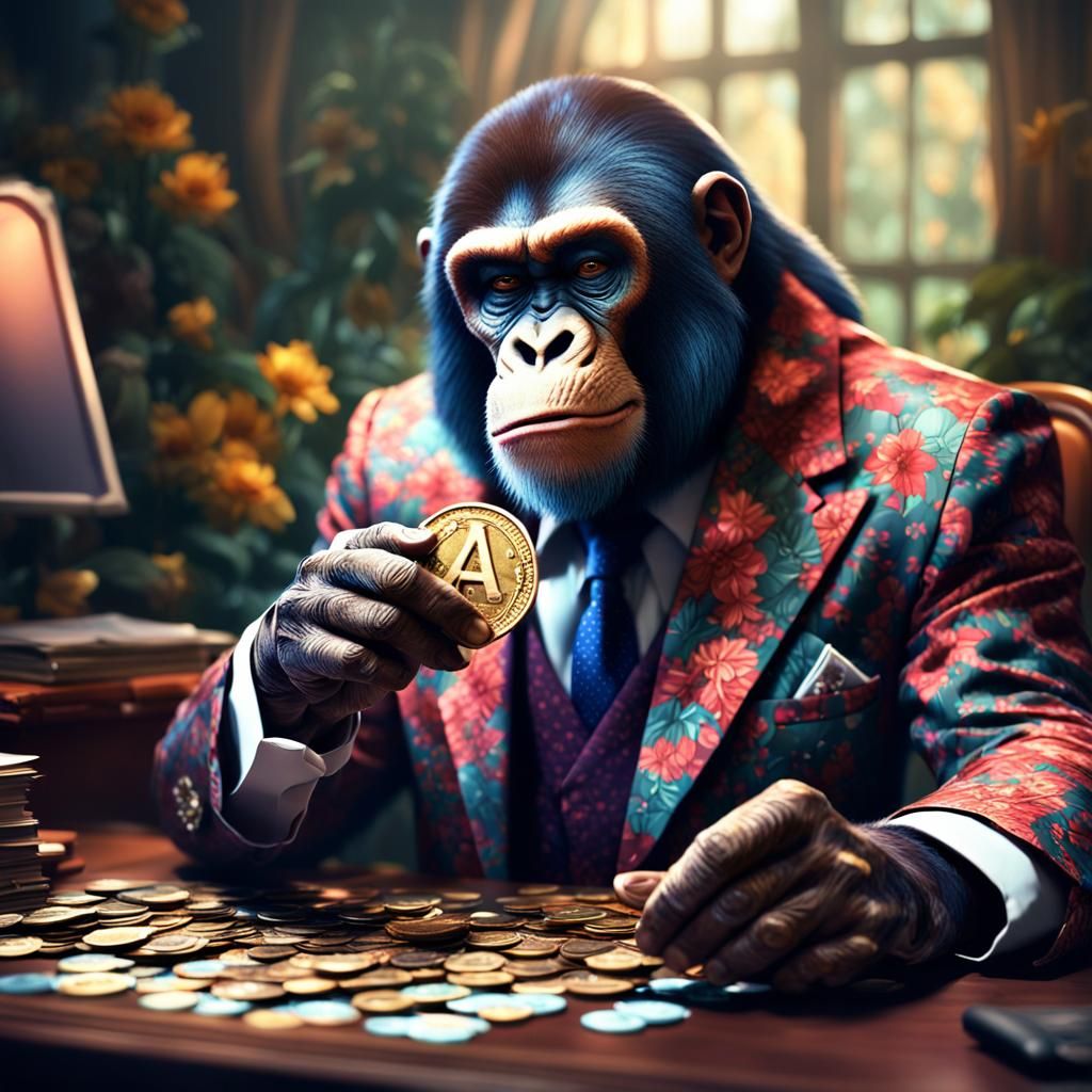 Ape in Floral Suit Holding Coin, Detailed Matte Painting