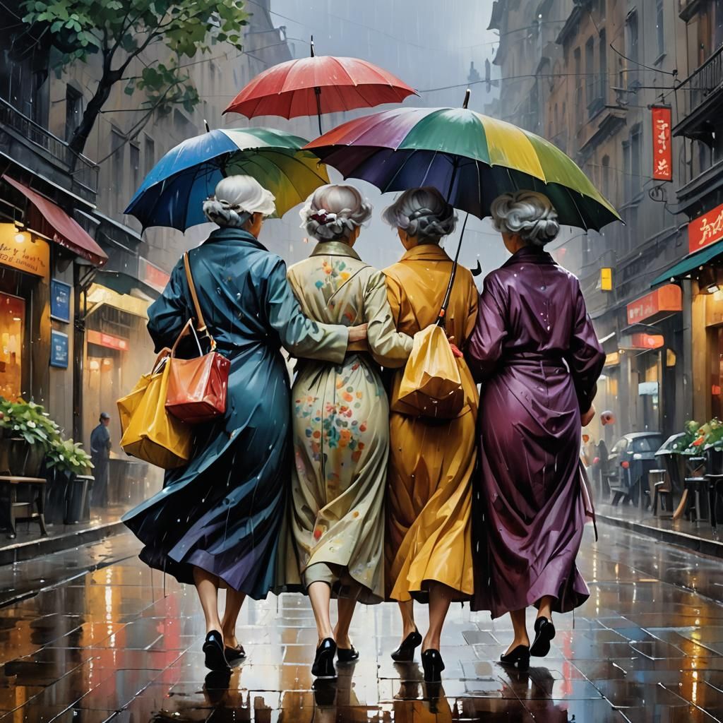 Dancing Ladies in Rain, Detailed Polychromatic Gouache