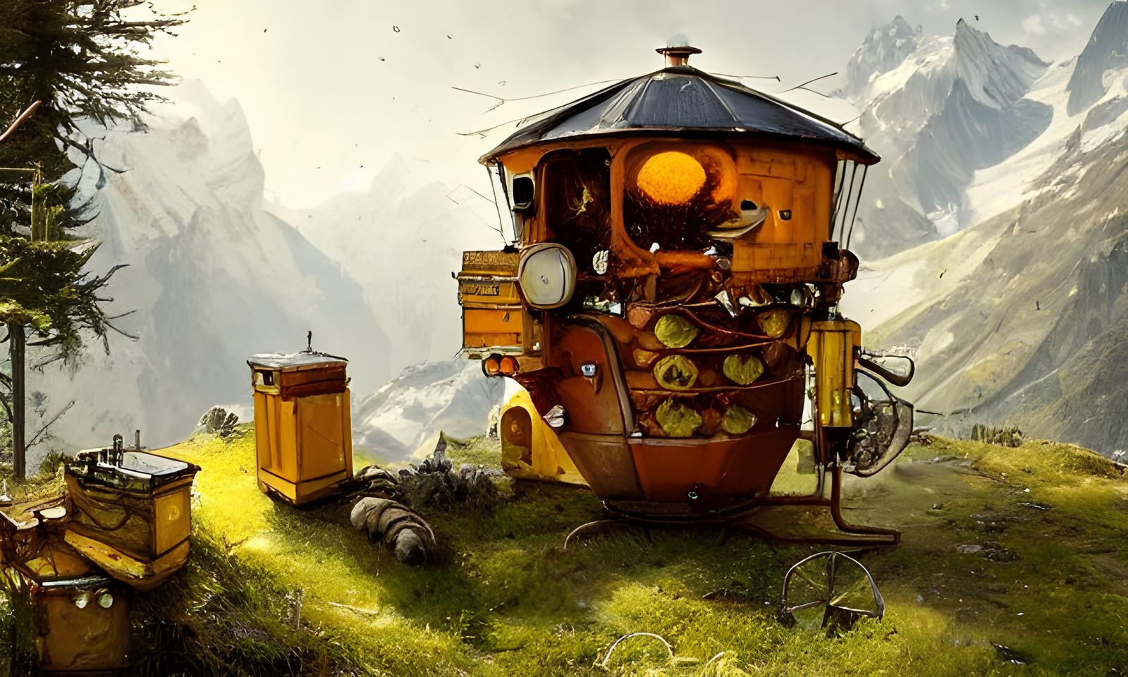 A honeypunk honey machine in the Swiss Alps, 1900