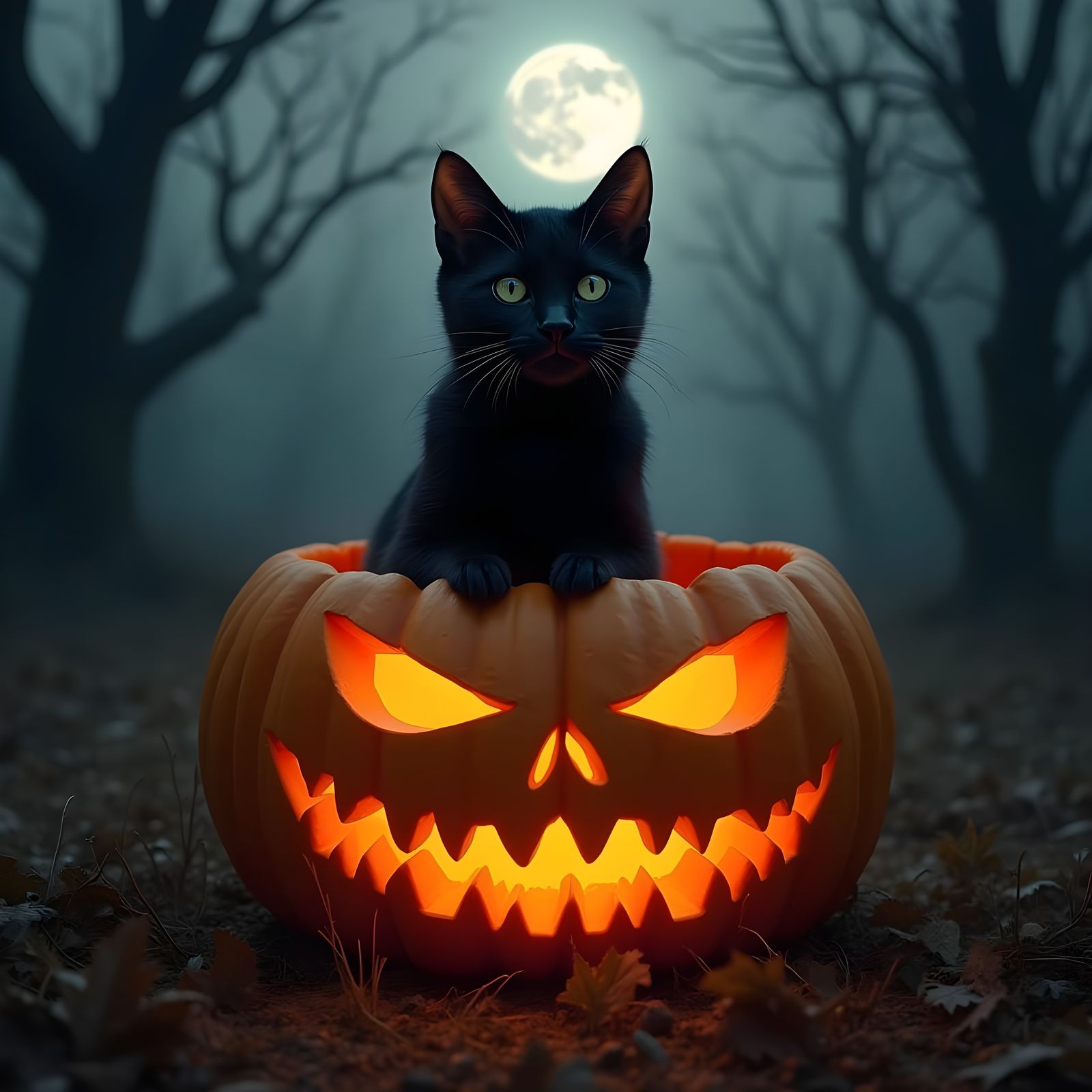 Black Cat in Glowing Pumpkin on Spooky Halloween Night