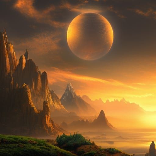 Fantasy Planet Mountain Sunset: Digital Matte Painting