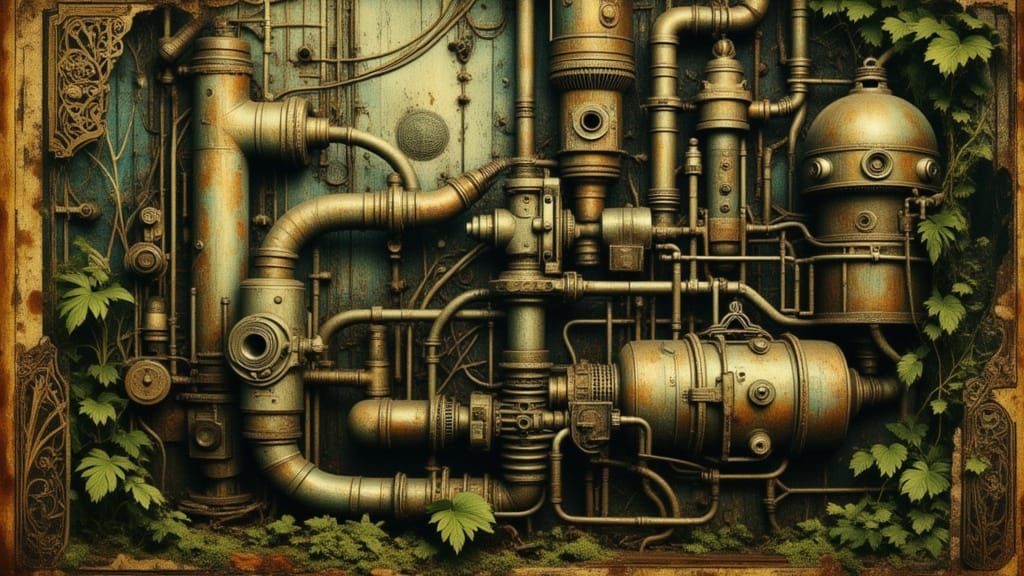Overgrown Alien Industrial Plant in Steampunk Style