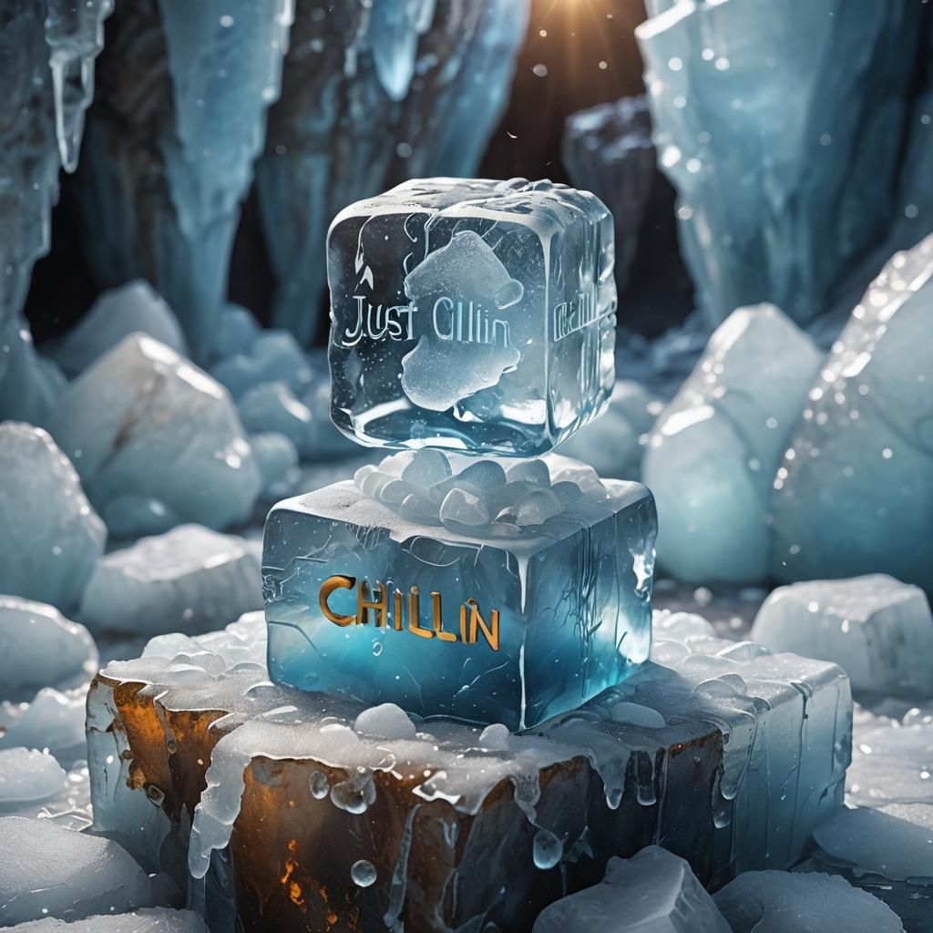Ice Cube Chillin' in Mystical Frozen Cave: Digital Art