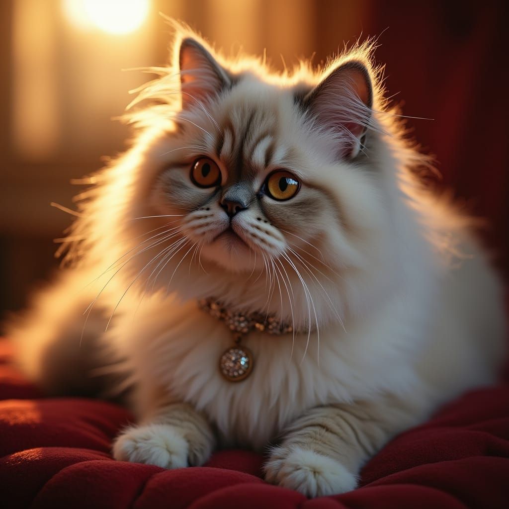 Regal Fluffy Persian Cat in Luxurious Velvet Setting