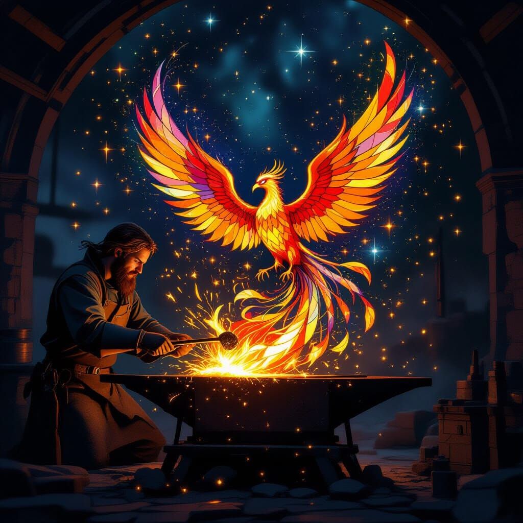 Celestial Blacksmith Forges Phoenix from Stained Glass and S...