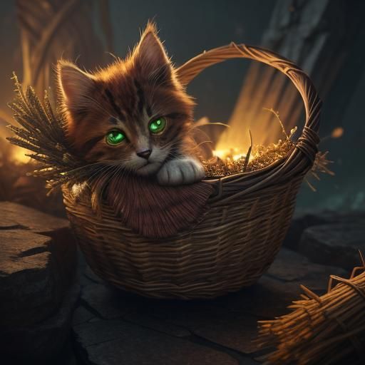 Kitten in Basket at Sunset: Fantasy Concept Art