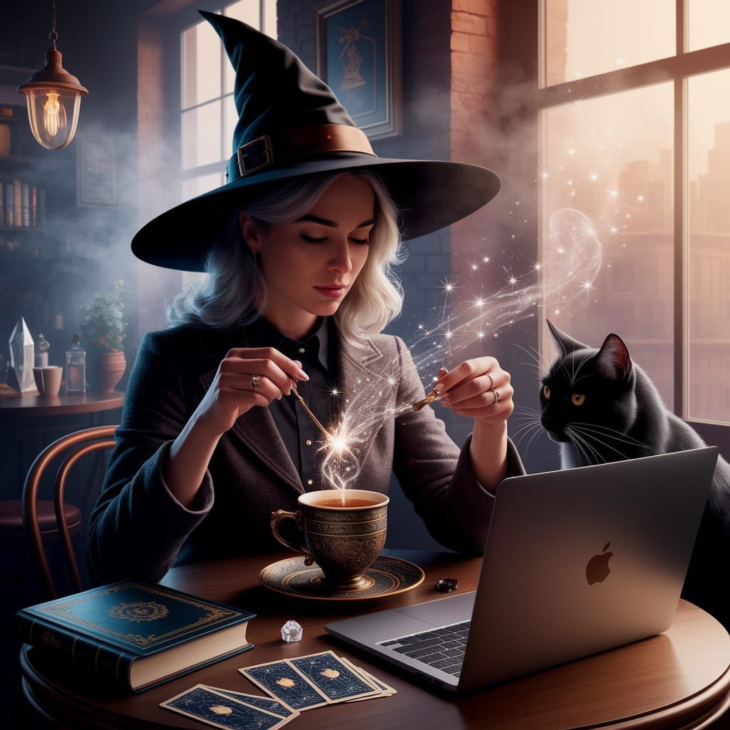 Modern Witch in NYC Cafe at Dawn