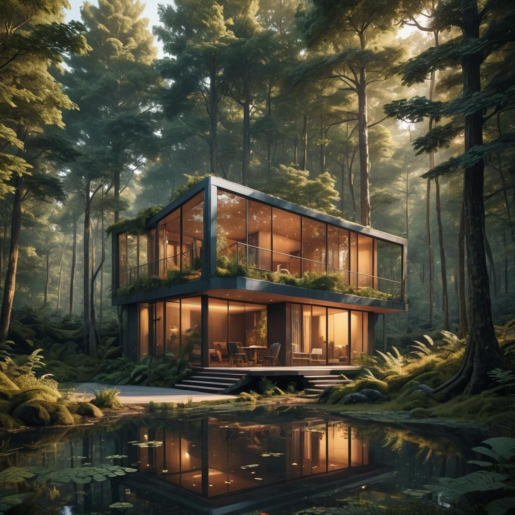 Minimalist Cabin Retreat in Dense Forest, Digital Matte Pain...