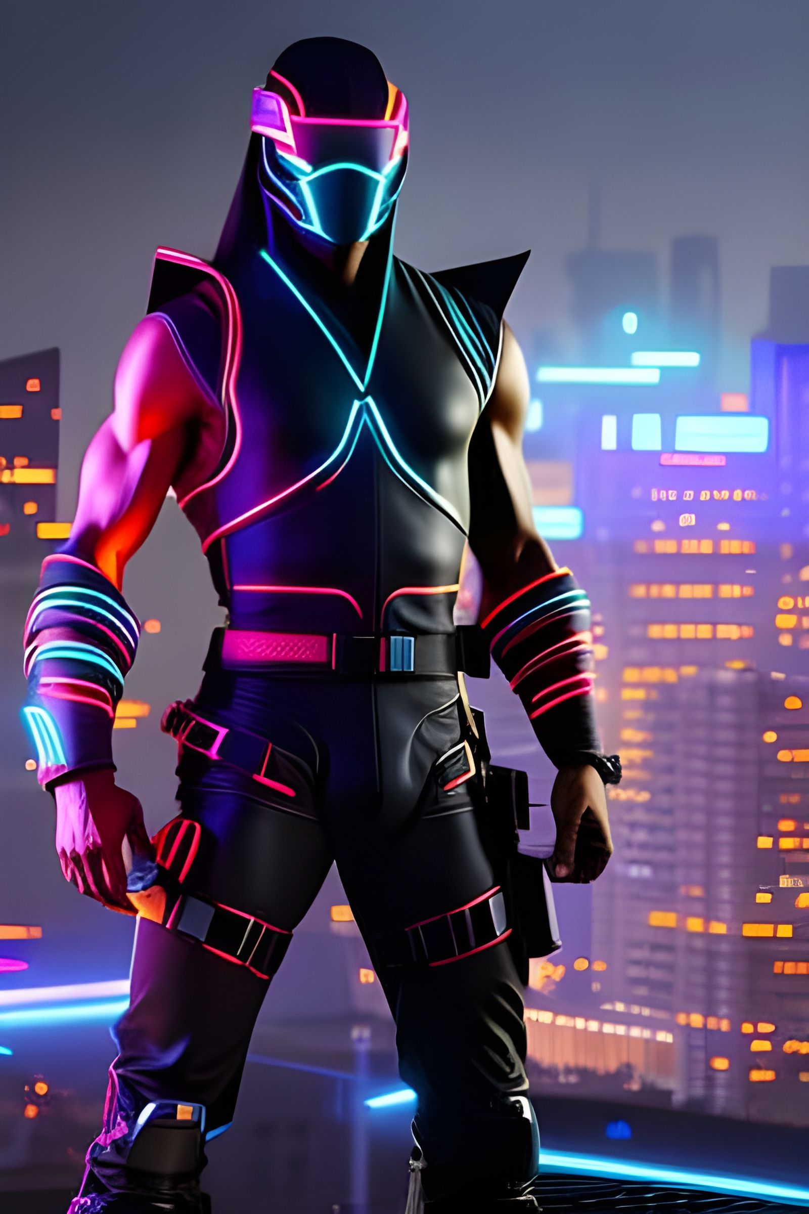 Cyberpunk Ninja Warrior in Neon Cityscape