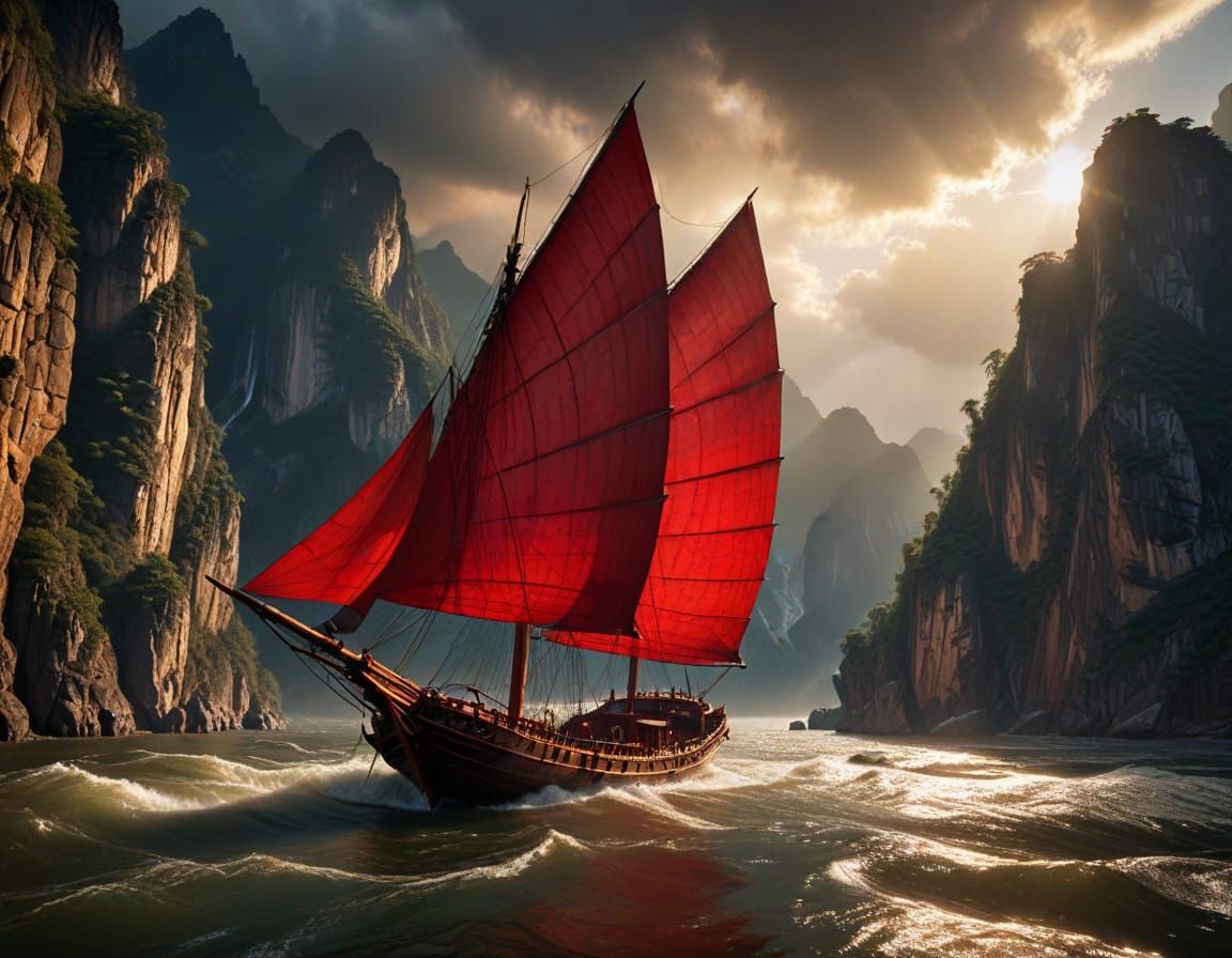 Ancient Chinese Sail Junk Sets Sail Through Stormy Valley