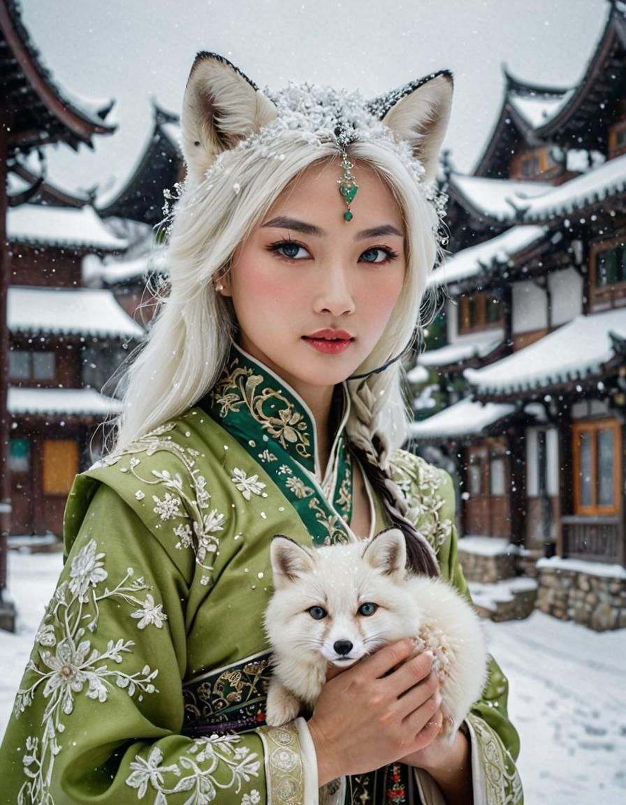 Enchanting Asian Snow Fox Lady in Cinematic Photo