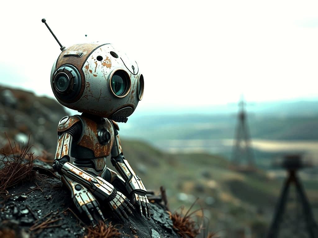 Sad Robot Overlooking Desolate Landscape in Impressionist St...