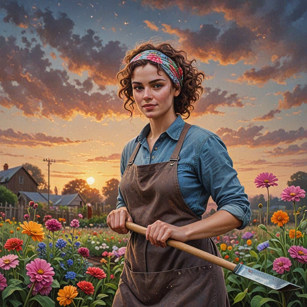 Surreal Dark Fantasy Landscape with a Curly Haired Woman Wor...