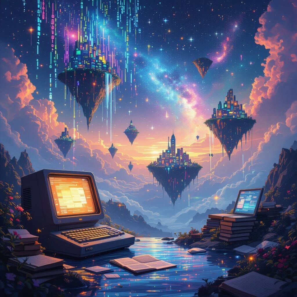 Ethereal Knowledge Landscape with Glowing Computer Terminal