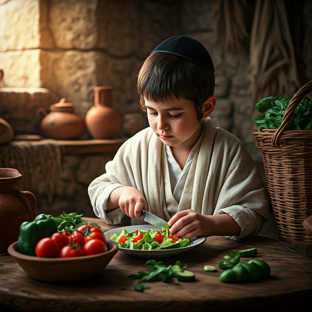 Ancient Jewish Boy Slicing Salad in Cozy Home