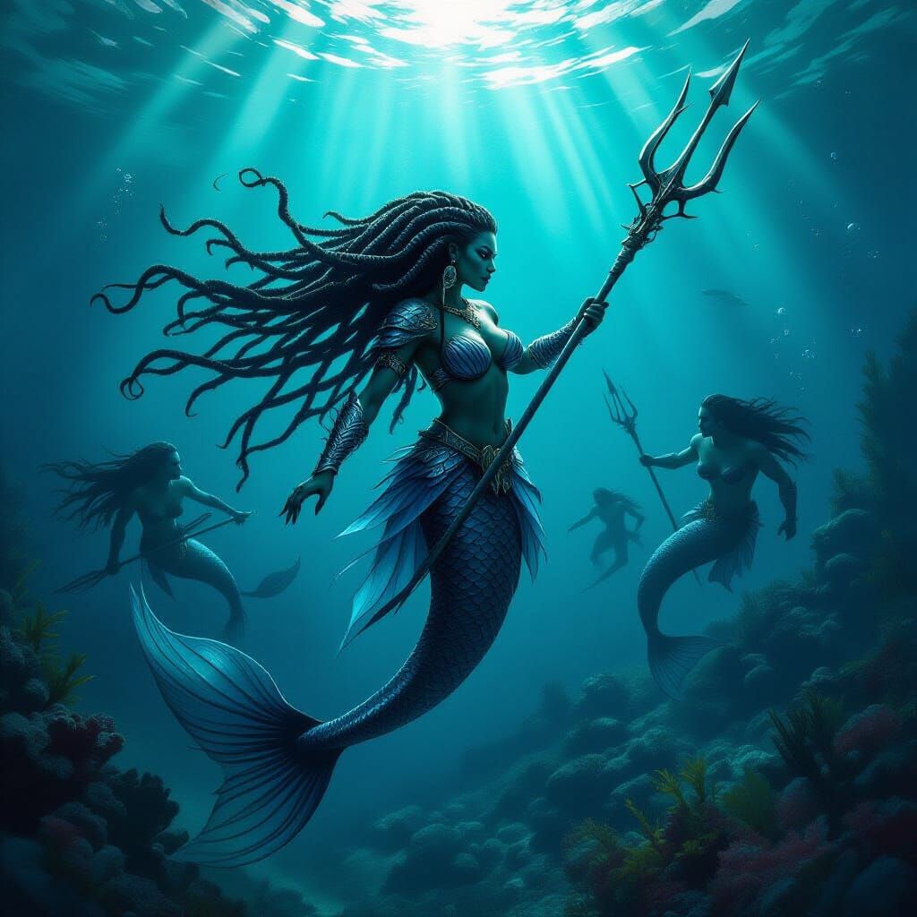 Fierce Warrior Mermaid in Epic Underwater Battle