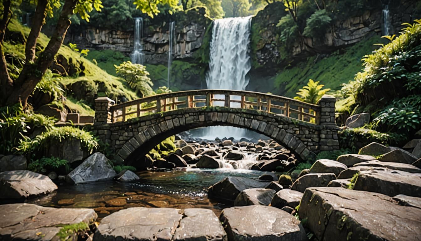 Scenic Stone Bridge and Waterfall Photograph
