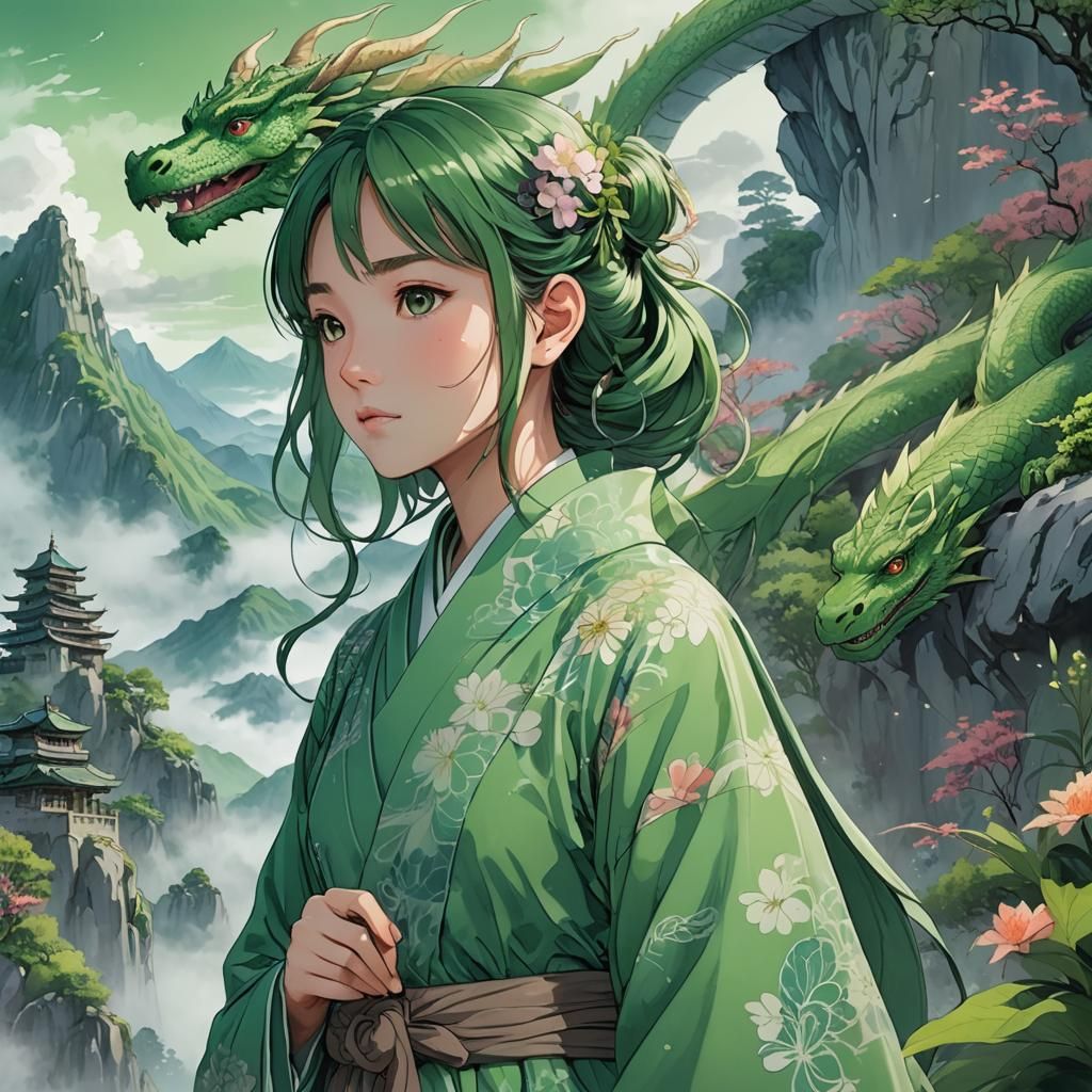 Anime Girl with Green Dragon in Ghibli Style