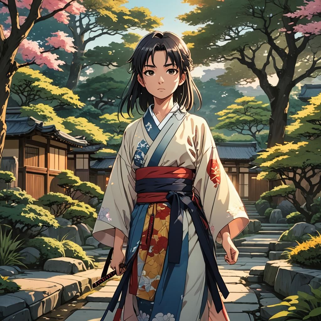 Anime Girl in Japanese Garden at Dusk