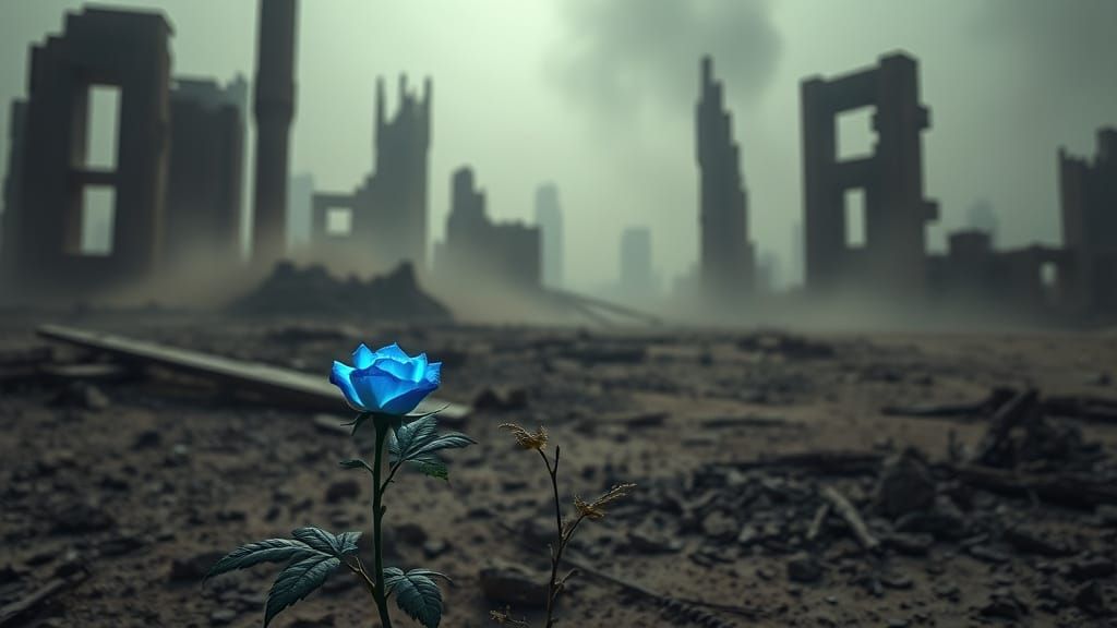 Ethereal Blue Rose in Post-Apocalyptic Wasteland