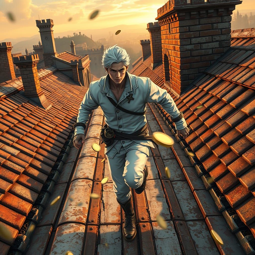 Anime Man Running Across Medieval Rooftop