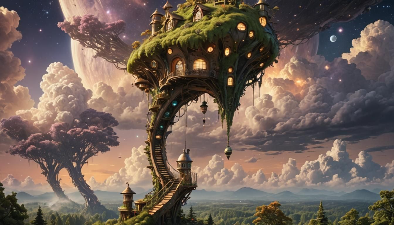 Steampunk Fairy House in Biomorphic Forest, Sunset