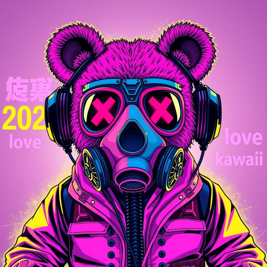 Cyberpunk Teddy Bear with Neon Gas Mask