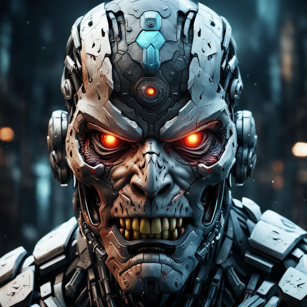 Angry Cyborg Face in Detailed Matte Painting