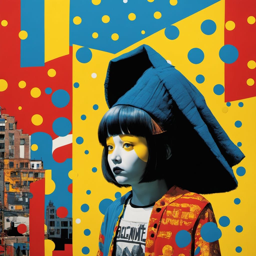 Sinister Pop Art Doll in a Whimsical, Graphic Scene