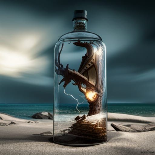 Thunderbolt in a Bottle: Dark Fantasy Beach Scene