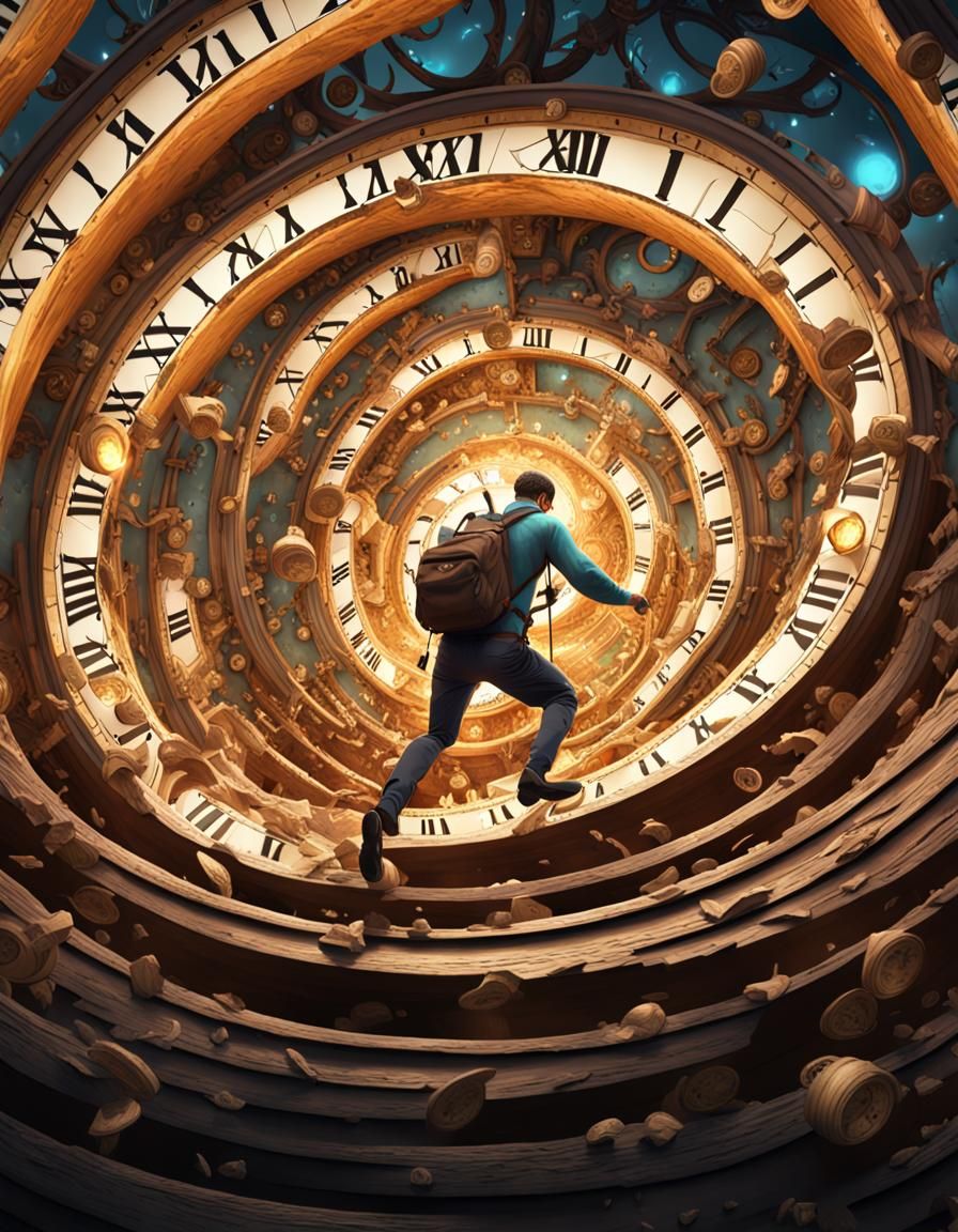 Man Climbing Clockwork Swirl: 8K Concept Art