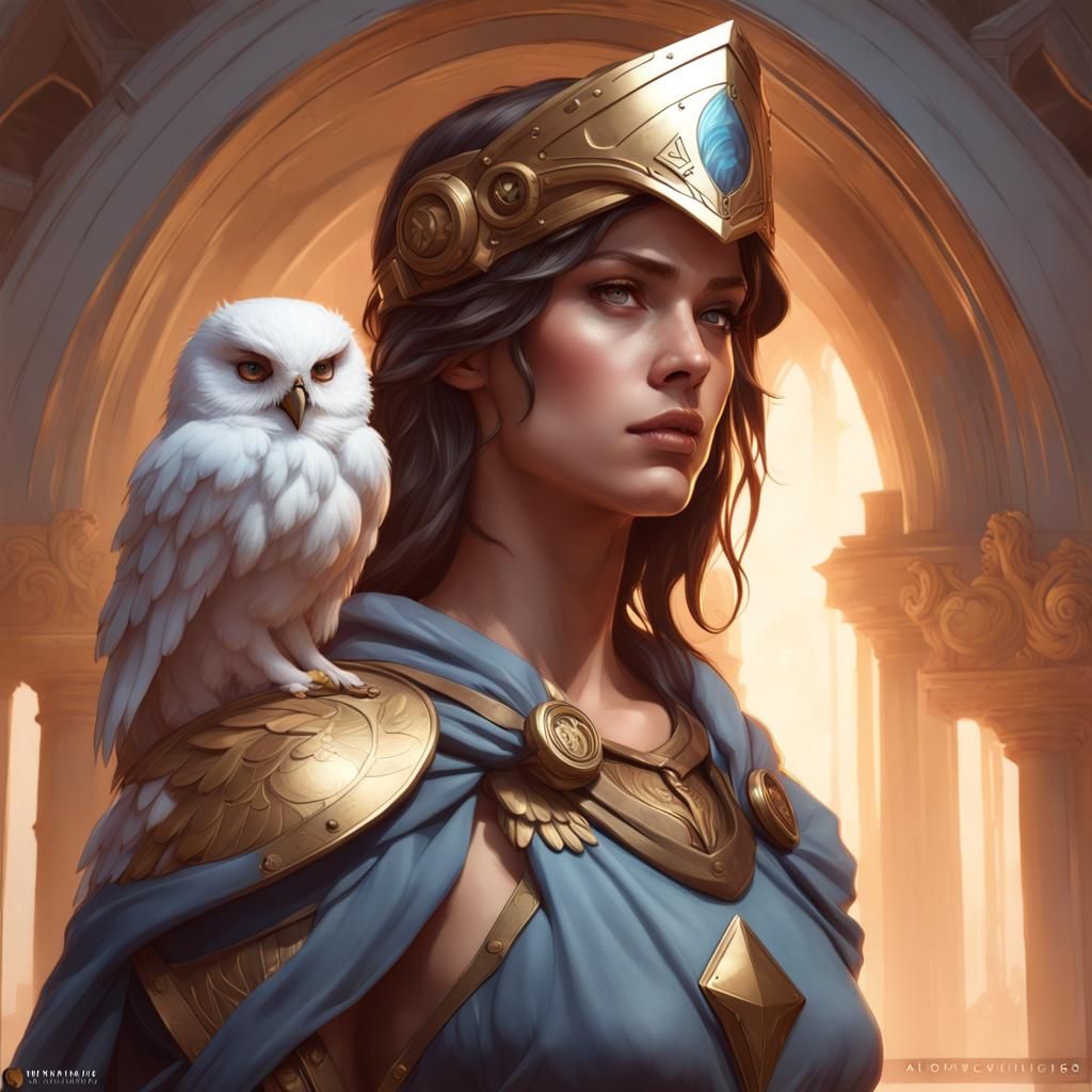 Athena Portrait with Owl in Hyperdetailed Style