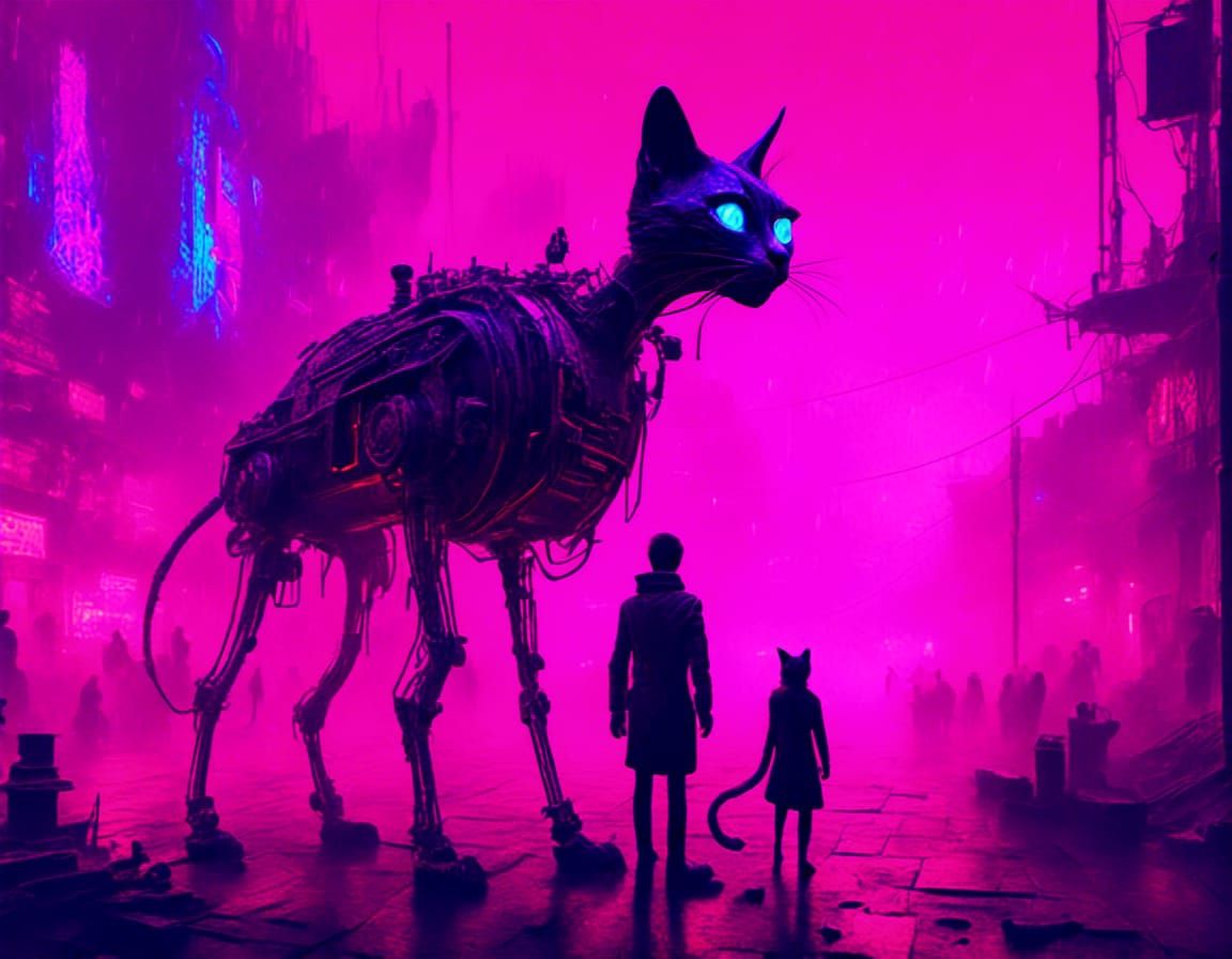 Cyberpunk Cyborg Alien with Cat in Neon City