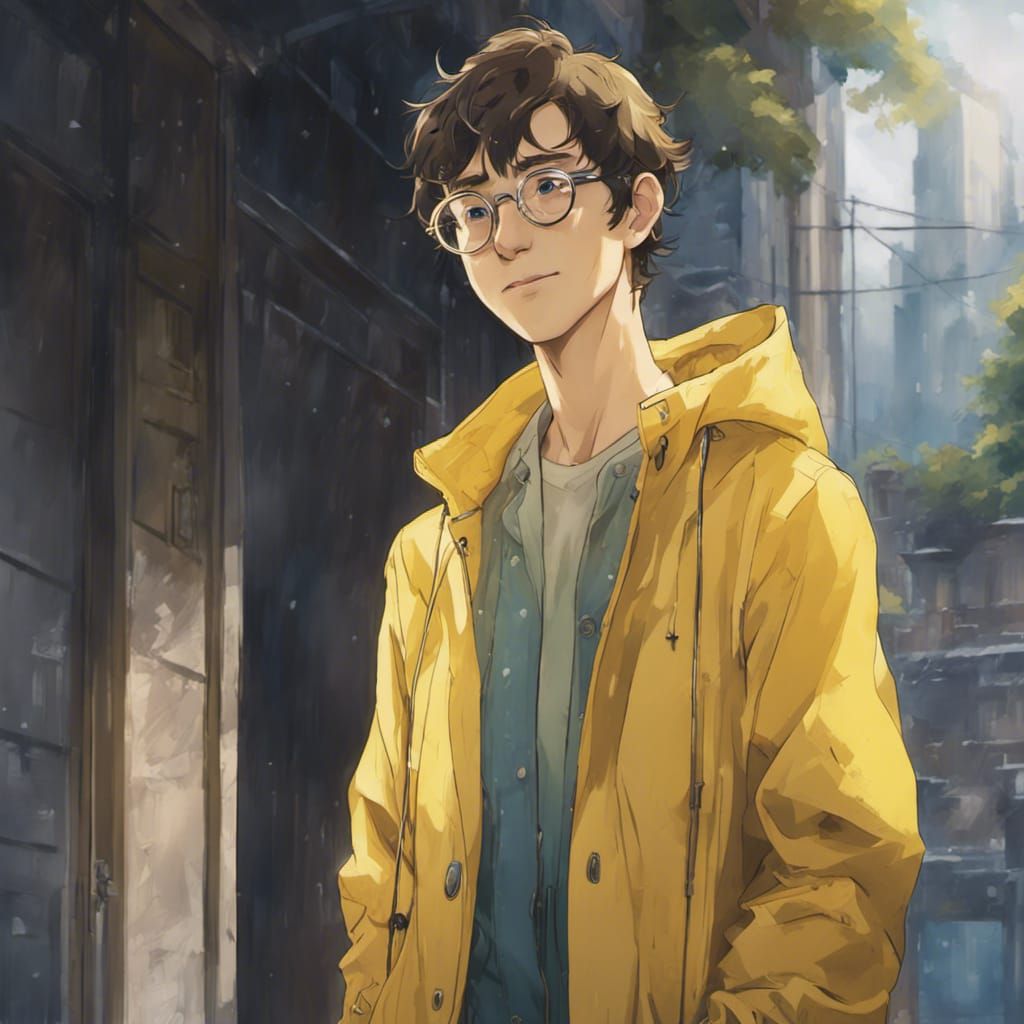 Anime Portrait of Man in Yellow Raincoat, Ghibli Style