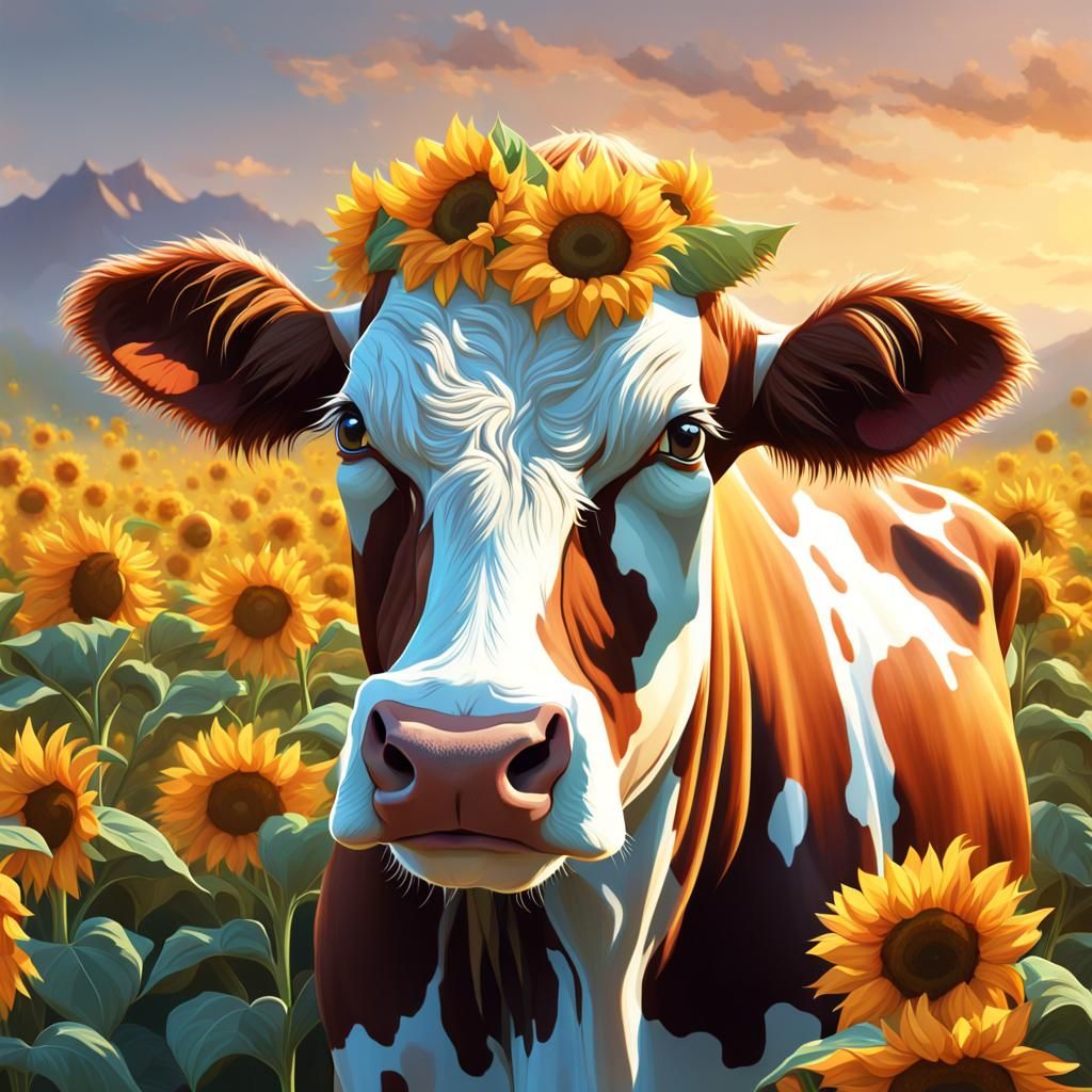 Cow Surrounded by Sunflowers in Detailed Digital Art