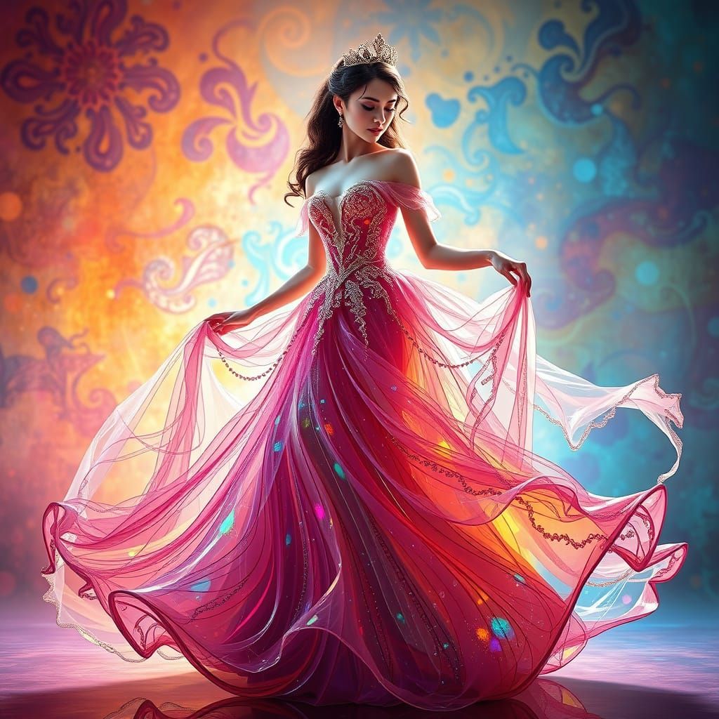 Majestic Princess Twirls in Vibrant, Kaleidoscopic Gown