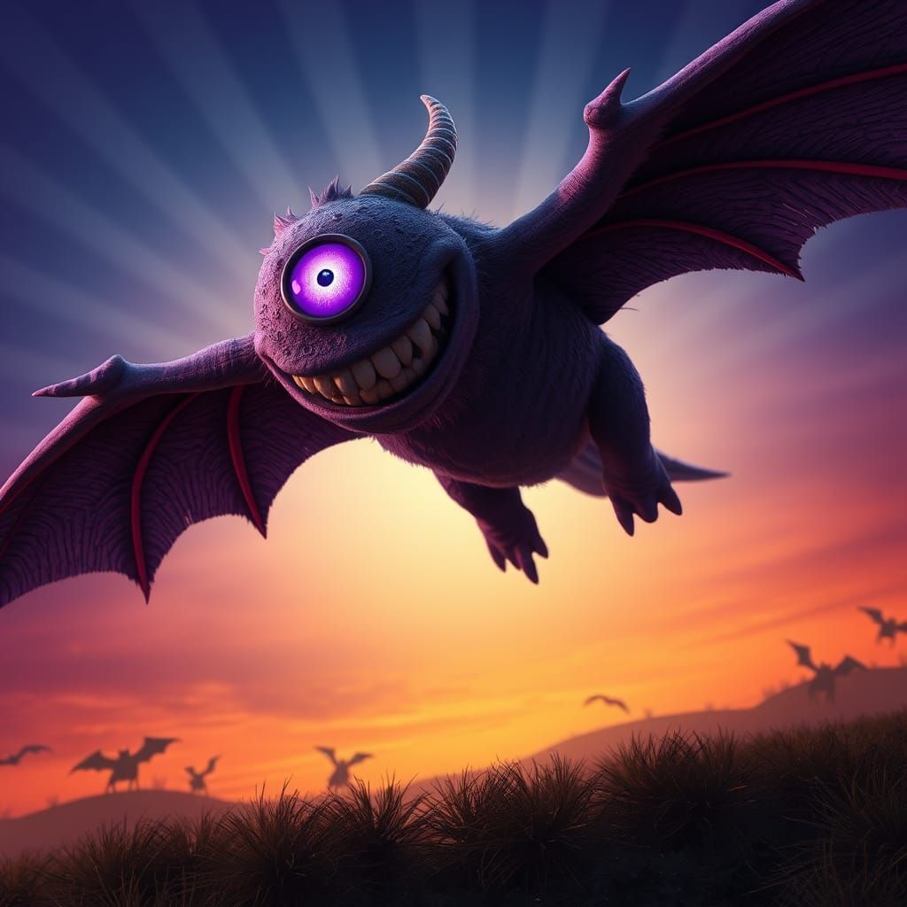 One-Eyed Purple Monster Soaring on Halloween Night