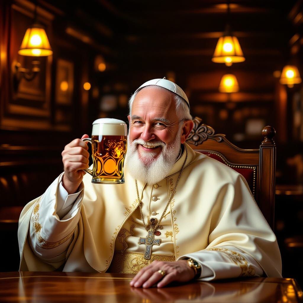 Pope Enjoys Beer in Cozy Pub, Norman Rockwell Style