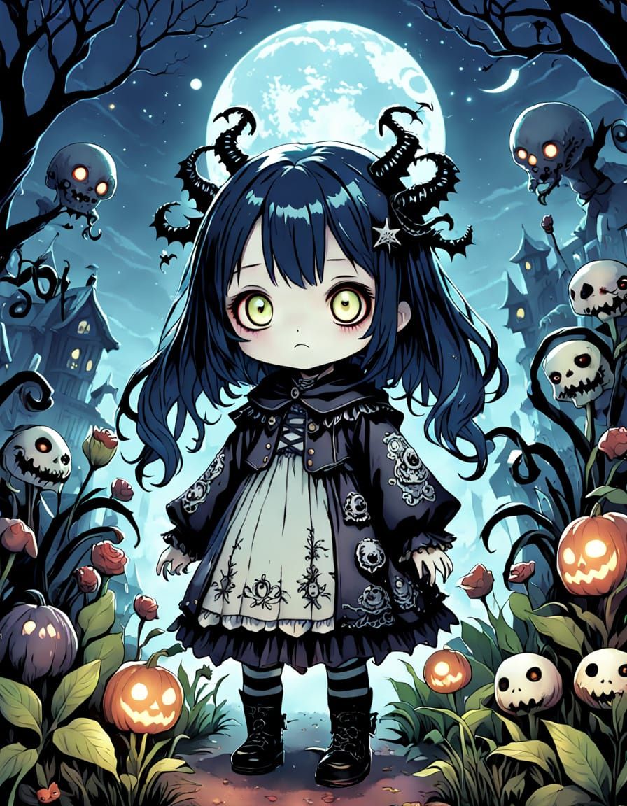 Cute Monster in Gothic Garden Dark Fantasy Art